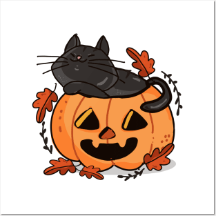 Kawaii Cat inside Halloween Pumpkin Posters and Art